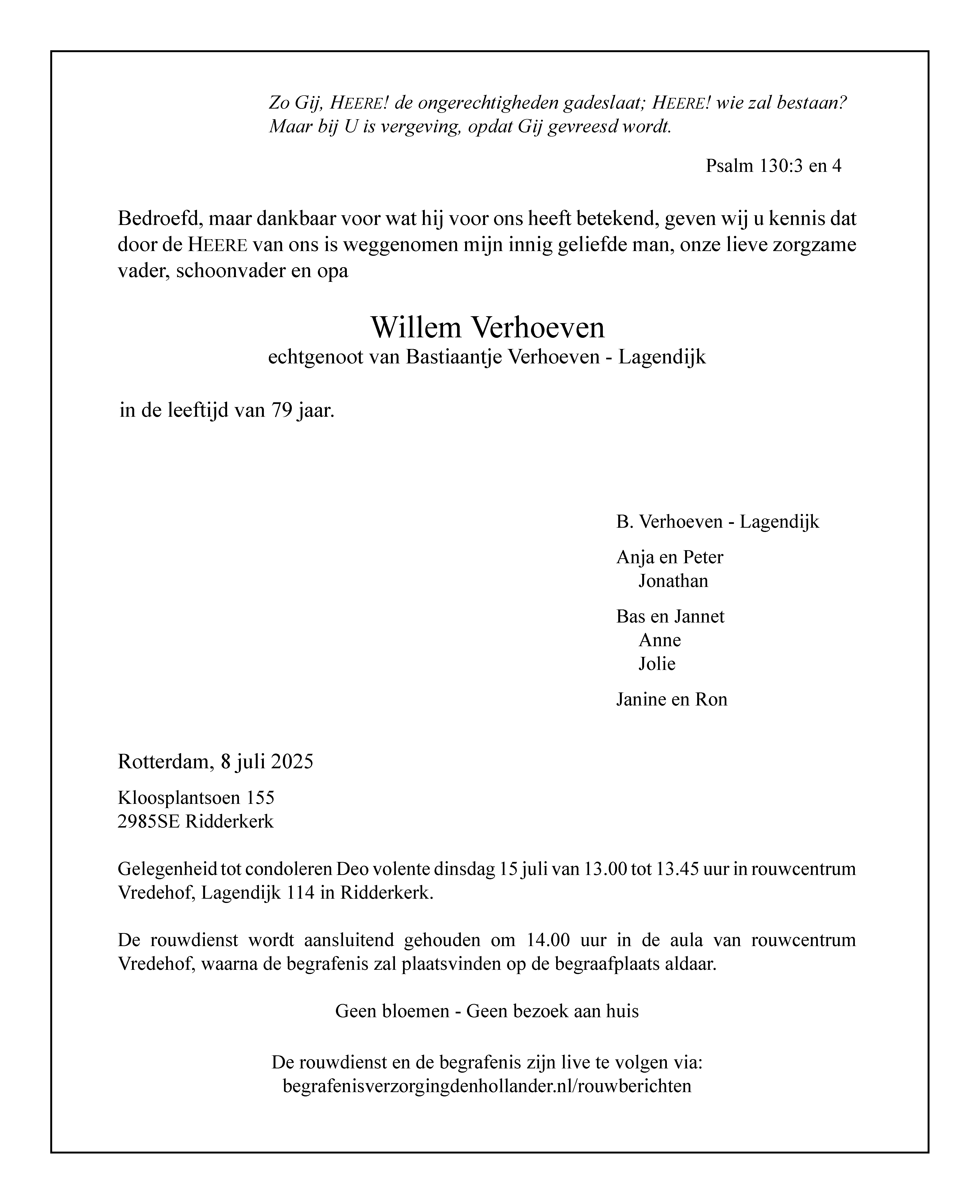  Rouwkaart de heer Willem Verhoeven